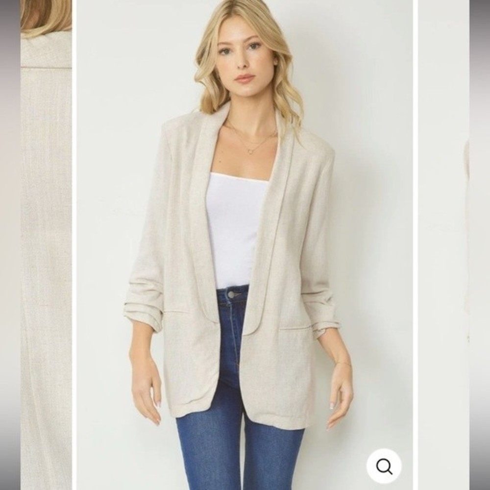 Entro - Solid Blazer Jacket With Shirred Sleeves … - image 1